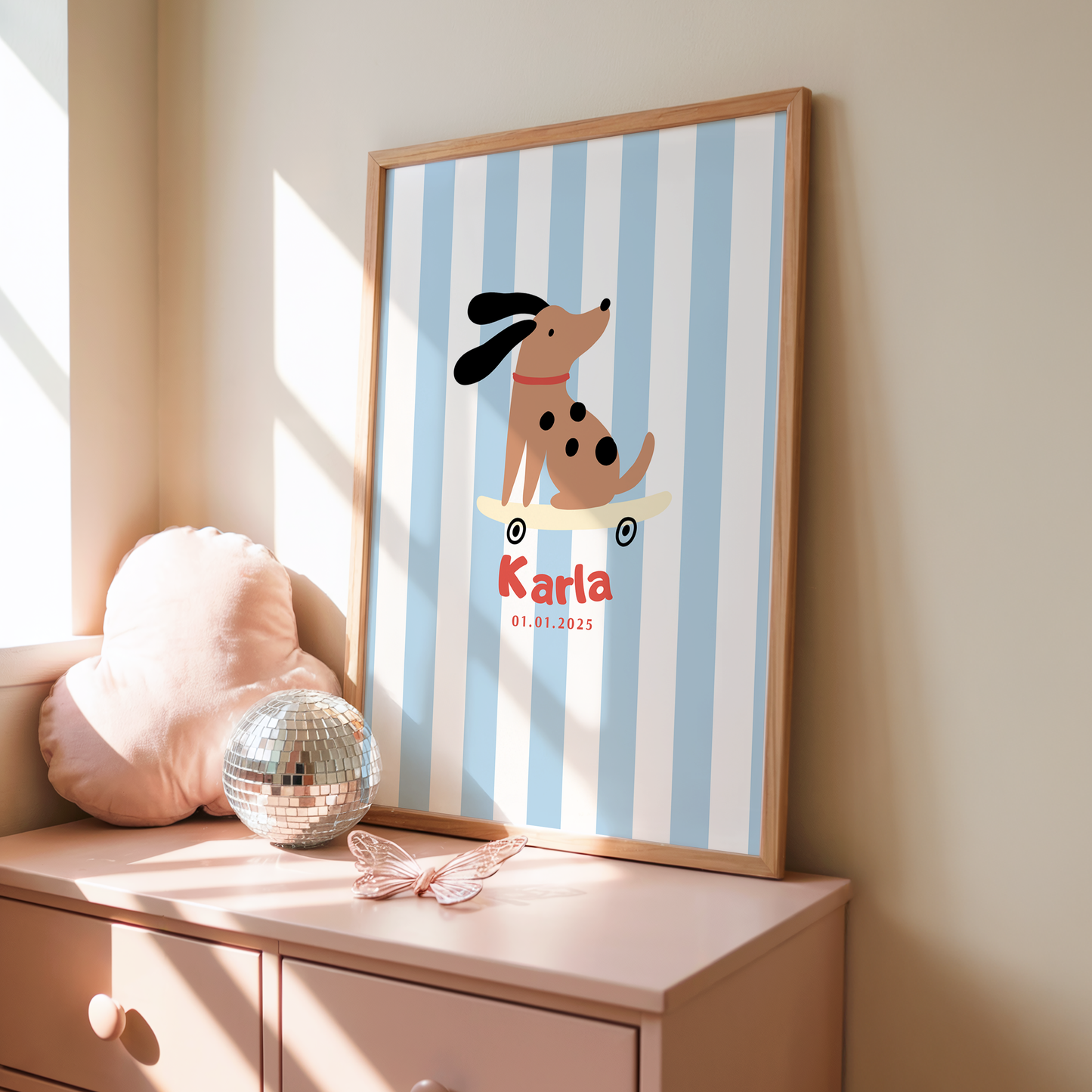 Kinderposter Name Hund mit Skateboard